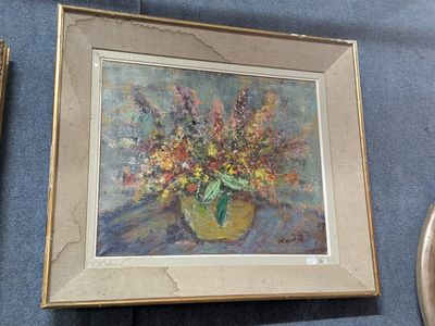 a painting of flowers in a vase on a table