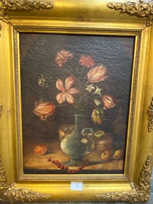 an oil painting of flowers in a vase on a table