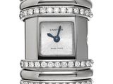 cartier ladies ' s white gold and diamond watch with black leather strap
