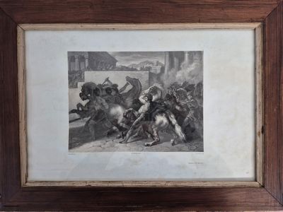 une vieille photo représentant une peinture d'un groupe d'hommes à cheval