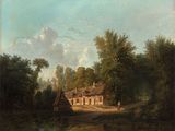 painting of a farm scene with a man on a horse in the foreground and a house in the background