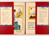 an open book with a picture of a man on a boat in the sky