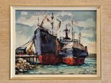 un tableau représentant deux bateaux amarrés dans l'eau