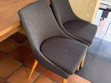 two chairs that are next to a table in a room