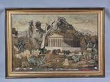 an image of a painting of a mountain scene with a temple