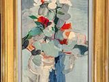 a painting of flowers in a vase on a table