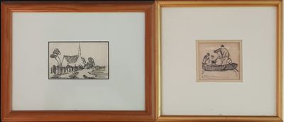 two framed drawings of a boat and a man in a boat
