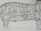 drawing of a drawing of a cow with a lot of people on it
