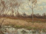 a picture of a painting of a field with trees in it