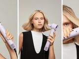 deux photos d'une femme en train de se sécher les cheveux avec un sèche-cheveux
