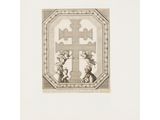 a black and white drawing of a cross with angels on it
