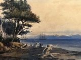 une peinture de personnes au bord d'un lac