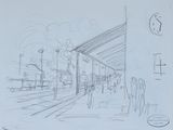dessin représentant une gare où des gens attendent le train