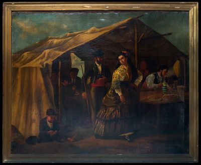 une peinture à l'huile représentant un homme et une femme devant une tente