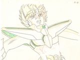 drawing of a woman in a green and white outfit holding a green and white surfboard