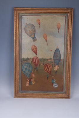 painting of a group of hot air balloons flying in the sky
