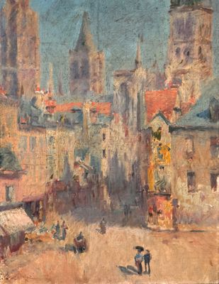 painting of a view of a city with a clock tower in the background