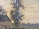 an oil painting of a farm scene with a house and trees