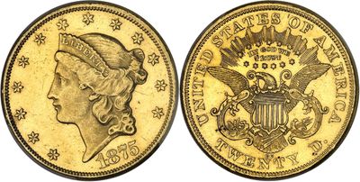 a gold coin with a woman ' s head and eagle on it