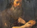 an old painting of a man holding a piece of bread
