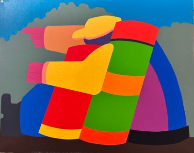 an image of a painting of a colorful object on a blue background