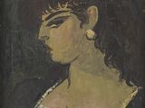 portrait d'une femme en robe noire, coiffée d'une couronne