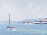 a painting of a sailboat in the water near a dock