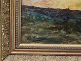 an oil painting of a landscape with a sunset in the background