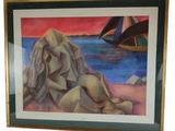 framed painting of a sailboat in the water near rocks