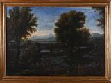 l'image d'un tableau représentant un paysage avec une rivière au premier plan