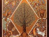 an image of a painting of a tree with birds and animals