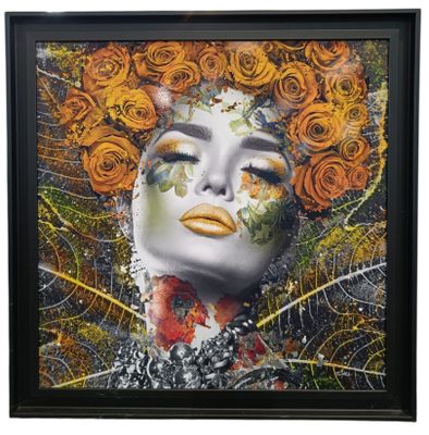 un tableau représentant une femme aux cheveux orange, avec des fleurs sur la tête