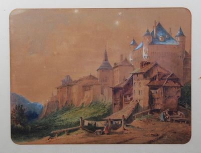 une image d'un tableau représentant un château sur une colline