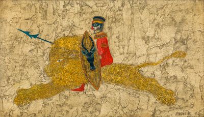 un vieux tableau représentant un homme chevauchant un lion, avec un oiseau en arrière-plan