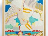 an image of a painting of a bird flying over a body of water