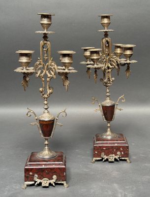 pair of antique brass candelabs with red marble bases