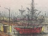a drawing of a boat in the water with birds flying around it
