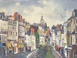 une peinture représentant une rue de ville bordée de bâtiments de part et d'autre