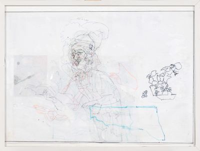 dessin représentant un homme coiffé d'un chapeau et une femme en robe, assis à une table face à lui