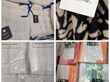 plusieurs photos montrant un tas d'oreillers et de couvertures sur lesquels sont apposées des étiquettes