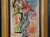 une peinture à l'huile représentant une femme en robe verte tenant une guitare