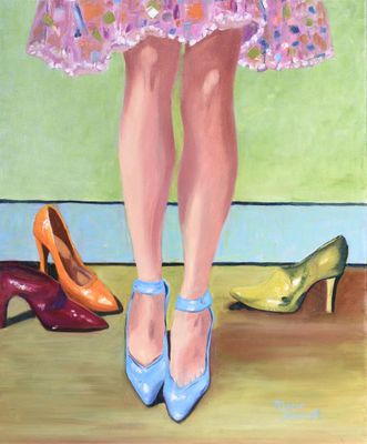 a painting of a woman standing in front of a bunch of shoes