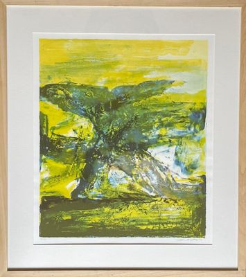 an abstract painting of a tree with green leaves in a white frame