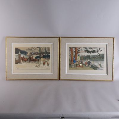 two framed pictures of a couple of horses and people on a wall