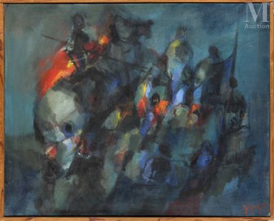 peinture d'un groupe d'hommes à cheval dans un champ