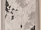 an image of a black and white drawing of a group of people