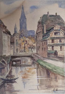 une aquarelle représentant un canal dans une ville