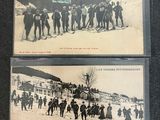two black and white photos of a group of people on skis in the snow