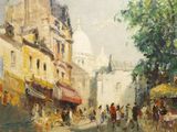 une peinture à l'huile représentant une scène de rue avec des personnes marchant dans la rue