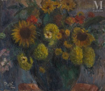 a painting of a vase of sunflowers on a table